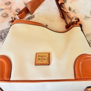 Dooney & Bourke Cream and Tan Leather Shoulder Bag with Gold Plaque